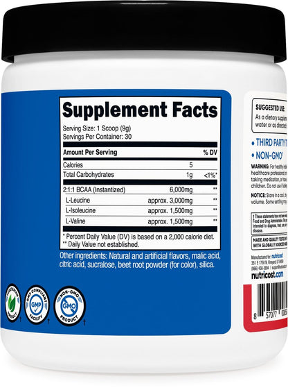 Nutricost BCAA Pulver (Erdbeer-Kiwi, 30 Portionen) - Optimales 2:1:1 Verhältnis