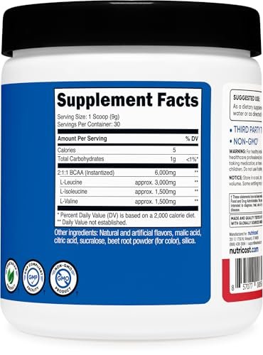Nutricost BCAA Pulver (Erdbeer-Kiwi, 30 Portionen) - Optimales 2:1:1 Verhältnis