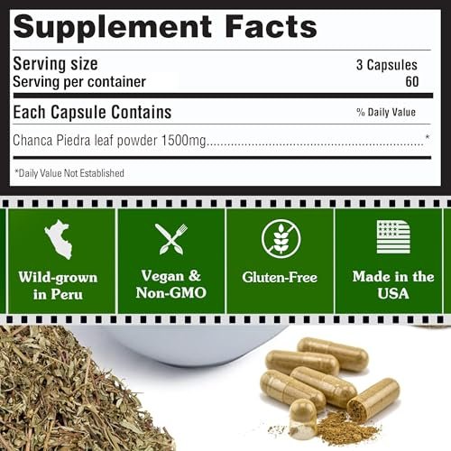 Peruvian Naturals Chanca Piedra Steinbrecher 180 Kapseln - Nierensteinlöser & Gallenblase - 1500 mg pro Portion - Chancapiedra Steinbrecher für Blasenreinigung & Harntrakt - Vegan, Nicht GVO