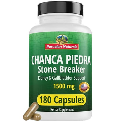 Peruvian Naturals Chanca Piedra Steinbrecher 180 Kapseln - Nierensteinlöser & Gallenblase - 1500 mg pro Portion - Chancapiedra Steinbrecher für Blasenreinigung & Harntrakt - Vegan, Nicht GVO