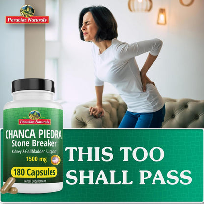 Peruvian Naturals Chanca Piedra Steinbrecher 180 Kapseln - Nierensteinlöser & Gallenblase - 1500 mg pro Portion - Chancapiedra Steinbrecher für Blasenreinigung & Harntrakt - Vegan, Nicht GVO