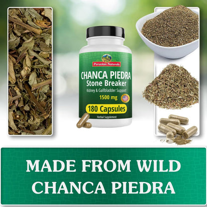 Peruvian Naturals Chanca Piedra Steinbrecher 180 Kapseln - Nierensteinlöser & Gallenblase - 1500 mg pro Portion - Chancapiedra Steinbrecher für Blasenreinigung & Harntrakt - Vegan, Nicht GVO