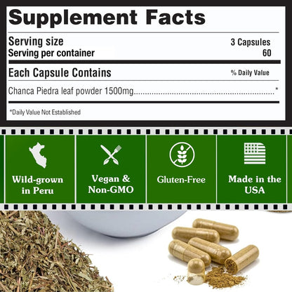 Peruvian Naturals Chanca Piedra Steinbrecher 180 Kapseln - Nierensteinlöser & Gallenblase - 1500 mg pro Portion - Chancapiedra Steinbrecher für Blasenreinigung & Harntrakt - Vegan, Nicht GVO