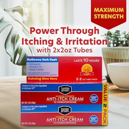 Berkley Jensen Maximum Strength Anti-Itch Cream (4 oz.) mit beruhigender Aloe Vera, 1% Hydrocortison Juckreizlinderung bei Ekzemen, Psoriasis, Insektenstichen, Giftefeu, Eichen und Sumach, 2er-Pack (2 x 2 oz.)