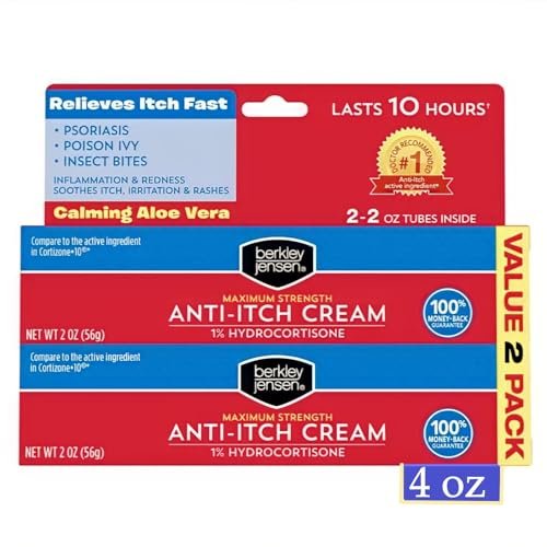 Berkley Jensen Maximum Strength Anti-Itch Cream (4 oz.) mit beruhigender Aloe Vera, 1% Hydrocortison Juckreizlinderung bei Ekzemen, Psoriasis, Insektenstichen, Giftefeu, Eichen und Sumach, 2er-Pack (2 x 2 oz.)