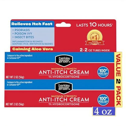 Berkley Jensen Maximum Strength Anti-Itch Cream (4 oz.) mit beruhigender Aloe Vera, 1% Hydrocortison Juckreizlinderung bei Ekzemen, Psoriasis, Insektenstichen, Giftefeu, Eichen und Sumach, 2er-Pack (2 x 2 oz.)
