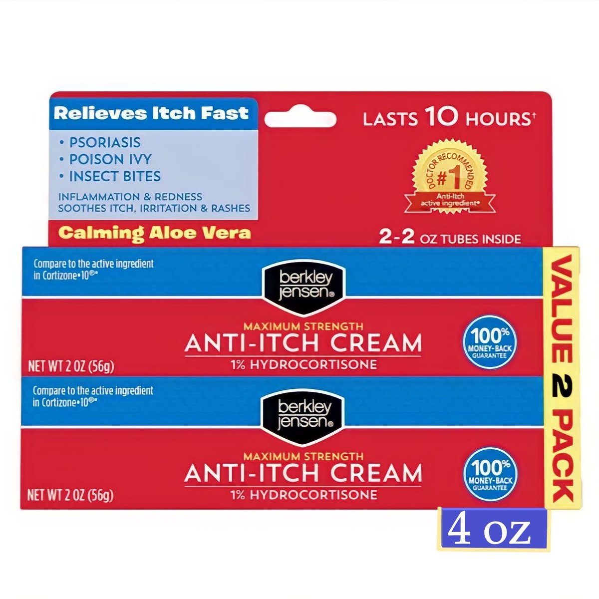 Berkley Jensen Maximum Strength Anti-Itch Cream (4 oz.) mit beruhigender Aloe Vera, 1% Hydrocortison Juckreizlinderung bei Ekzemen, Psoriasis, Insektenstichen, Giftefeu, Eichen und Sumach, 2er-Pack (2 x 2 oz.)
