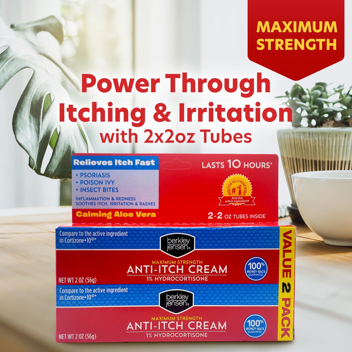 Berkley Jensen Maximum Strength Anti-Itch Cream (4 oz.) mit beruhigender Aloe Vera, 1% Hydrocortison Juckreizlinderung bei Ekzemen, Psoriasis, Insektenstichen, Giftefeu, Eichen und Sumach, 2er-Pack (2 x 2 oz.)