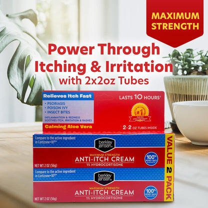 Berkley Jensen Maximum Strength Anti-Itch Cream (4 oz.) mit beruhigender Aloe Vera, 1% Hydrocortison Juckreizlinderung bei Ekzemen, Psoriasis, Insektenstichen, Giftefeu, Eichen und Sumach, 2er-Pack (2 x 2 oz.)