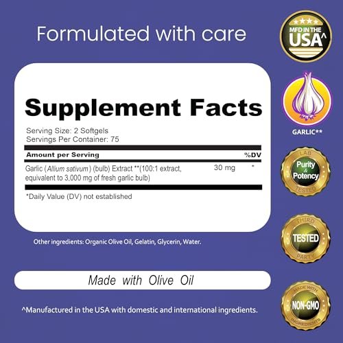 NaturaLife Labs Geruchloses Knoblauchöl – Konzentrierter 100:1 Knoblauchextrakt mit Olivenöl – 150 Softgels – Nicht-GVO, glutenfrei