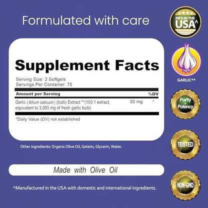 NaturaLife Labs Geruchloses Knoblauchöl – Konzentrierter 100:1 Knoblauchextrakt mit Olivenöl – 150 Softgels – Nicht-GVO, glutenfrei