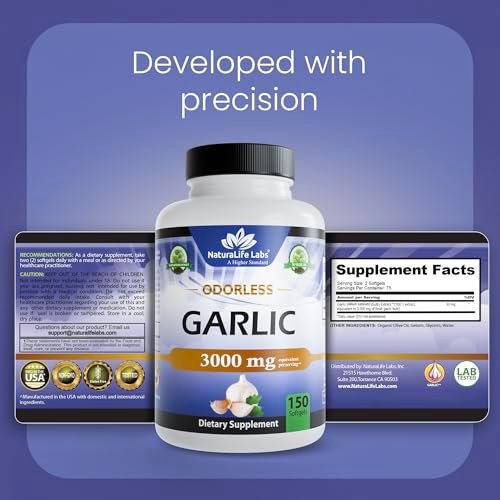 NaturaLife Labs Geruchloses Knoblauchöl – Konzentrierter 100:1 Knoblauchextrakt mit Olivenöl – 150 Softgels – Nicht-GVO, glutenfrei