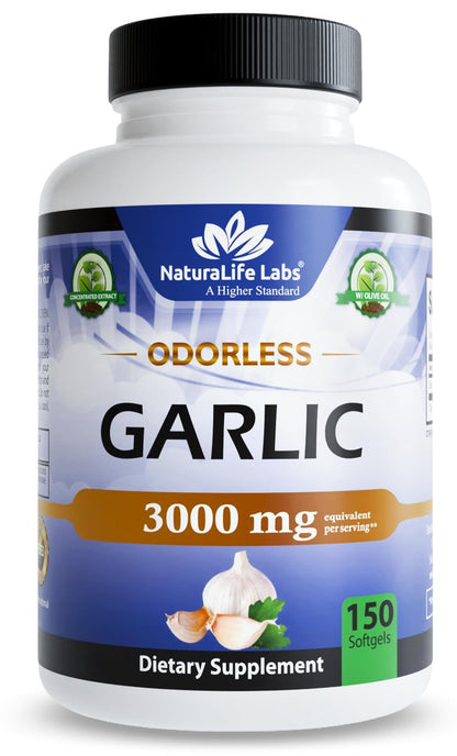 NaturaLife Labs Geruchloses Knoblauchöl – Konzentrierter 100:1 Knoblauchextrakt mit Olivenöl – 150 Softgels – Nicht-GVO, glutenfrei