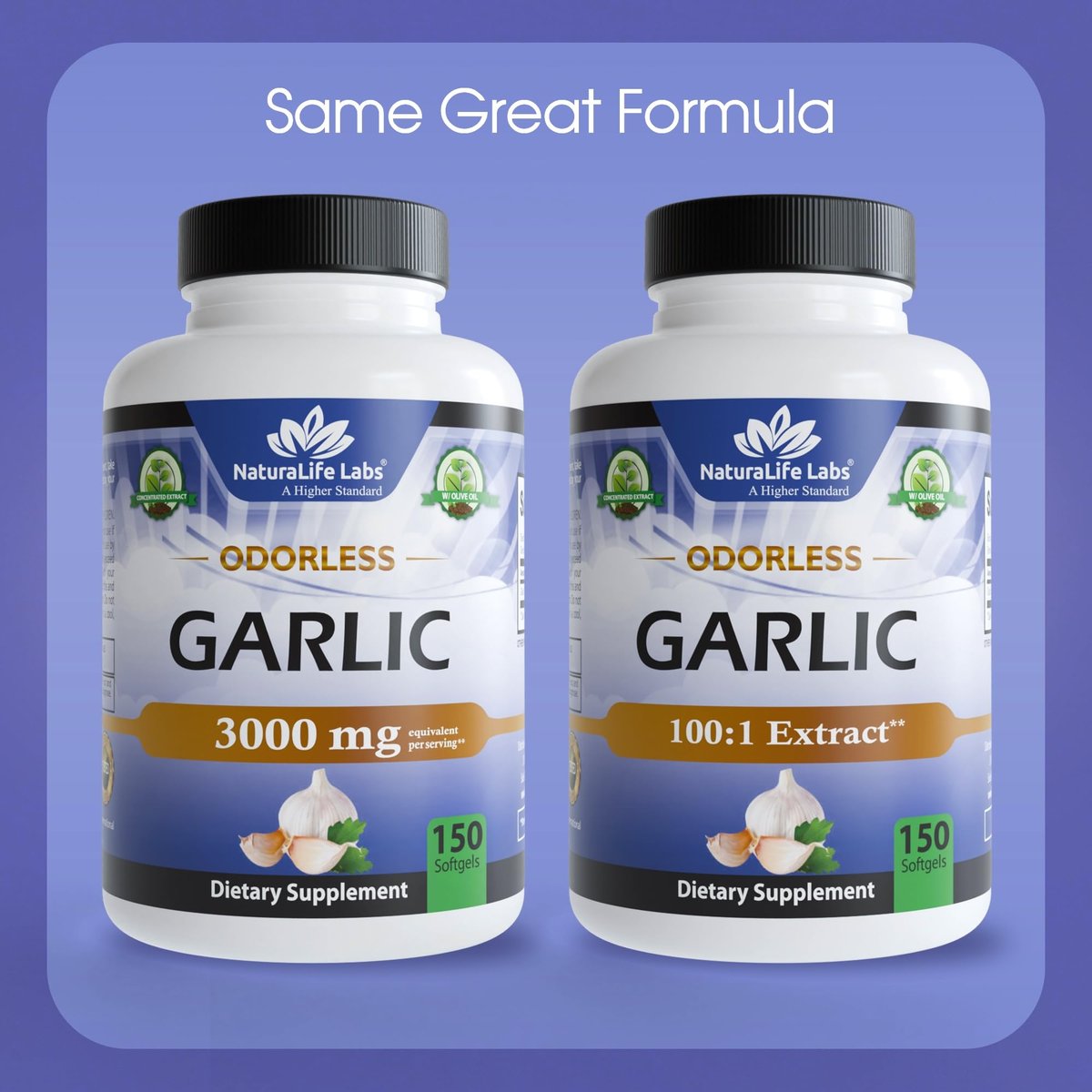 NaturaLife Labs Geruchloses Knoblauchöl – Konzentrierter 100:1 Knoblauchextrakt mit Olivenöl – 150 Softgels – Nicht-GVO, glutenfrei