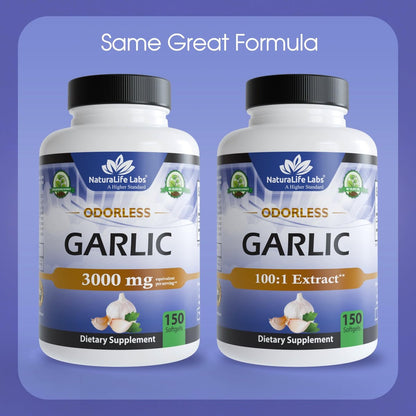 NaturaLife Labs Geruchloses Knoblauchöl – Konzentrierter 100:1 Knoblauchextrakt mit Olivenöl – 150 Softgels – Nicht-GVO, glutenfrei