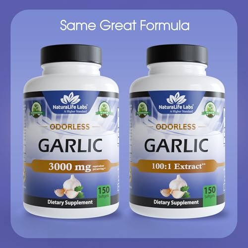 NaturaLife Labs Geruchloses Knoblauchöl – Konzentrierter 100:1 Knoblauchextrakt mit Olivenöl – 150 Softgels – Nicht-GVO, glutenfrei