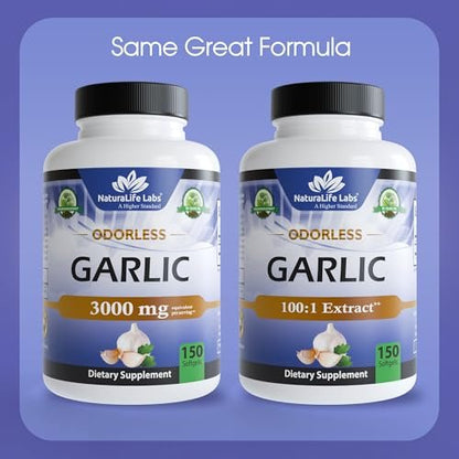 NaturaLife Labs Geruchloses Knoblauchöl – Konzentrierter 100:1 Knoblauchextrakt mit Olivenöl – 150 Softgels – Nicht-GVO, glutenfrei