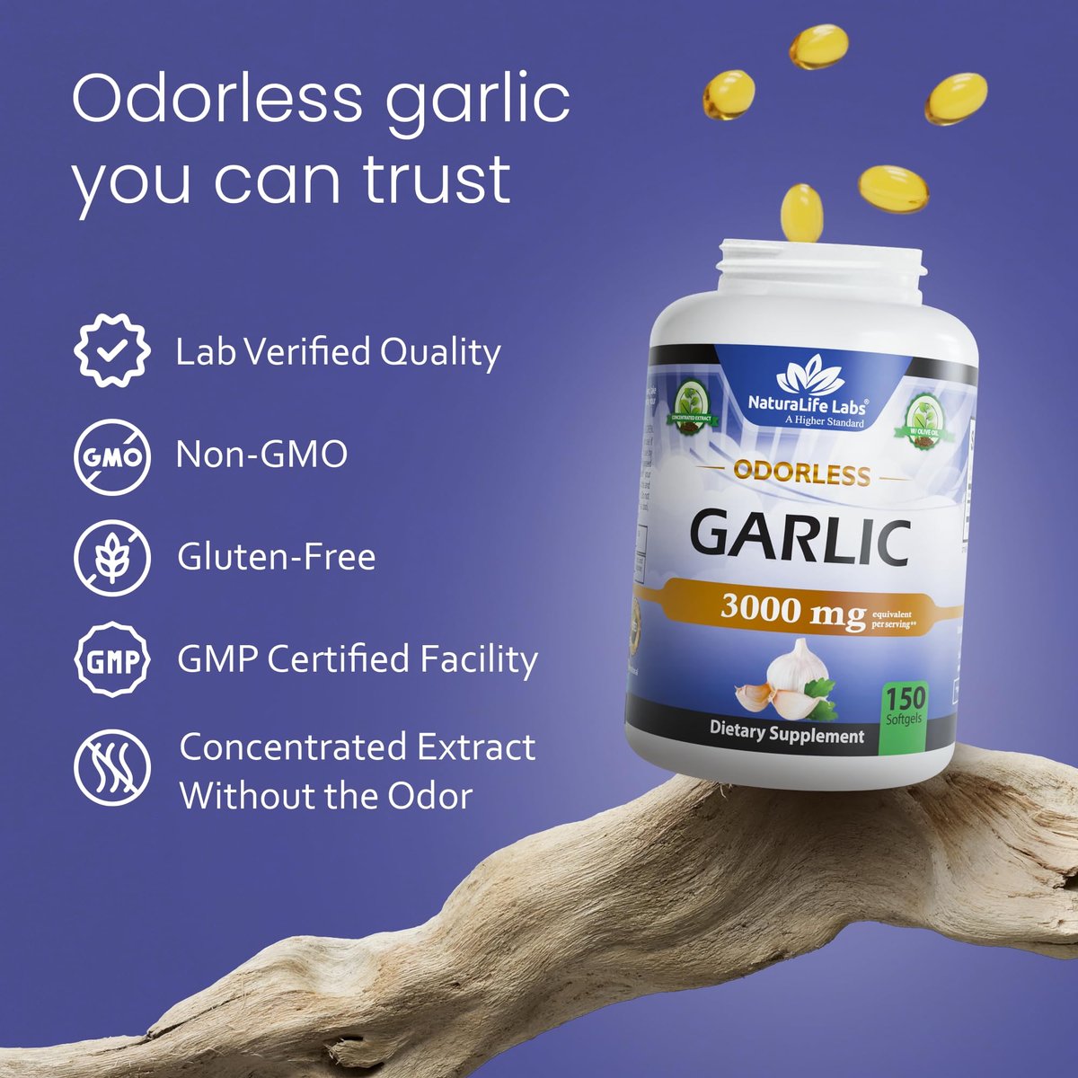 NaturaLife Labs Geruchloses Knoblauchöl – Konzentrierter 100:1 Knoblauchextrakt mit Olivenöl – 150 Softgels – Nicht-GVO, glutenfrei