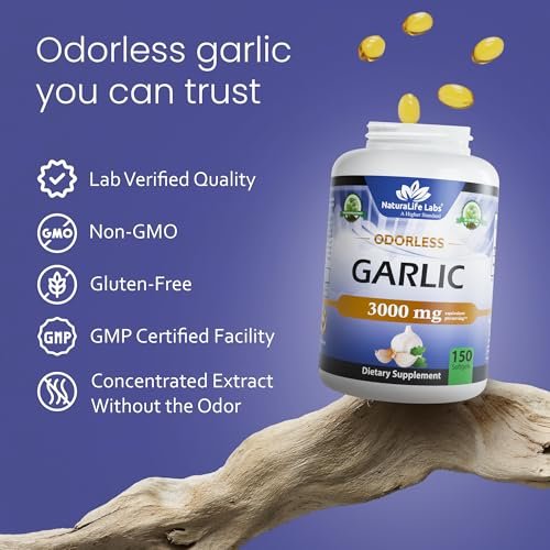 NaturaLife Labs Geruchloses Knoblauchöl – Konzentrierter 100:1 Knoblauchextrakt mit Olivenöl – 150 Softgels – Nicht-GVO, glutenfrei
