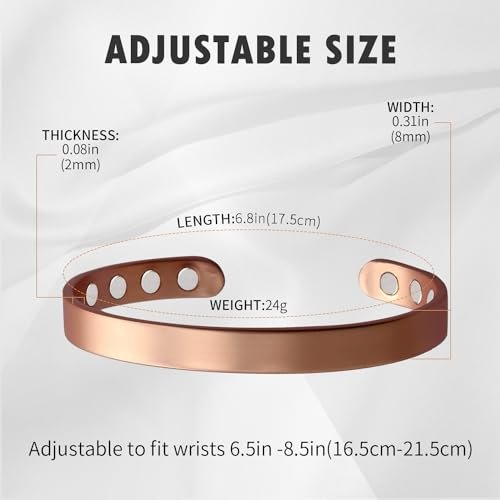 MagEnergy Kupferarmband für Damen und Herren – 99,9% reines Kupfer Magnetarmband mit 8 Magneten (3500 Gauss), verstellbarer Manschettenarmreif 6,8 Zoll