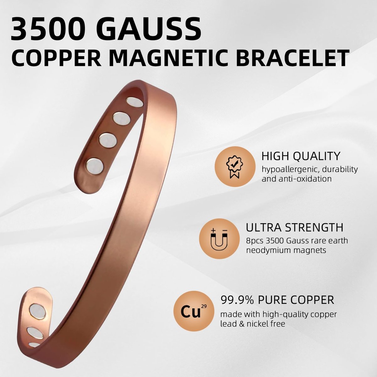 MagEnergy Kupferarmband für Damen und Herren – 99,9% reines Kupfer Magnetarmband mit 8 Magneten (3500 Gauss), verstellbarer Manschettenarmreif 6,8 Zoll