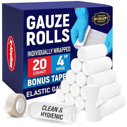 Premium Mullbinden - 20er Pack - 10 cm x 3,7 m Erste Hilfe Verbandmull - Einzeln verpackt + Gratis Tape - Atmungsaktive Mullbinde für Wunden