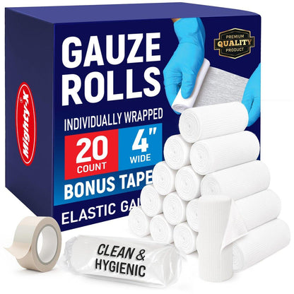 Premium Mullbinden - 20er Pack - 10 cm x 3,7 m Erste Hilfe Verbandmull - Einzeln verpackt + Gratis Tape - Atmungsaktive Mullbinde für Wunden