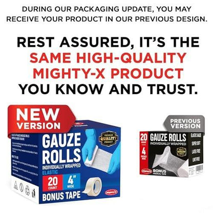 Mighty-X 24er-Pack Mullbinden 10 cm x 4,1 m – Weiche und atmungsaktive Rollbinde – Latexfreie Premium-Verbandwickel mit Klebeband – Dehnbare Fixierbinde für die Wundversorgung – Tierverband