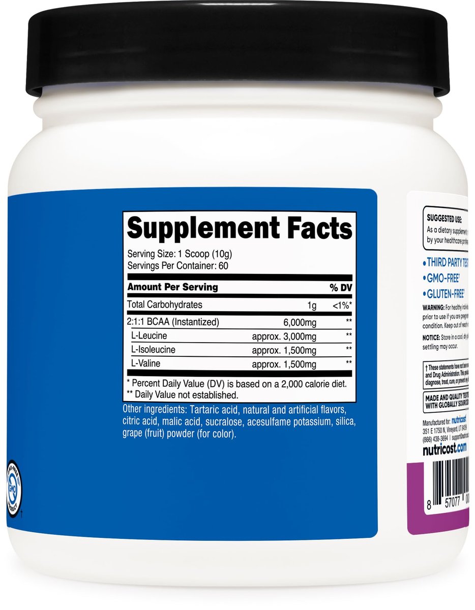 Nutricost BCAA Pulver (Traube, 60 Portionen) - Optimales 2:1:1 Verhältnis, Vegetarierfreundlich, Non-GMO, Glutenfrei