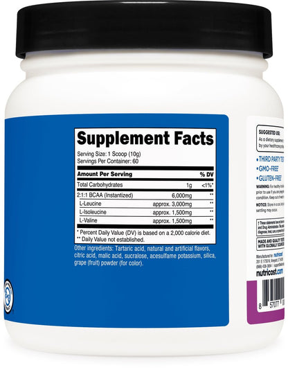 Nutricost BCAA Pulver (Traube, 60 Portionen) - Optimales 2:1:1 Verhältnis, Vegetarierfreundlich, Non-GMO, Glutenfrei