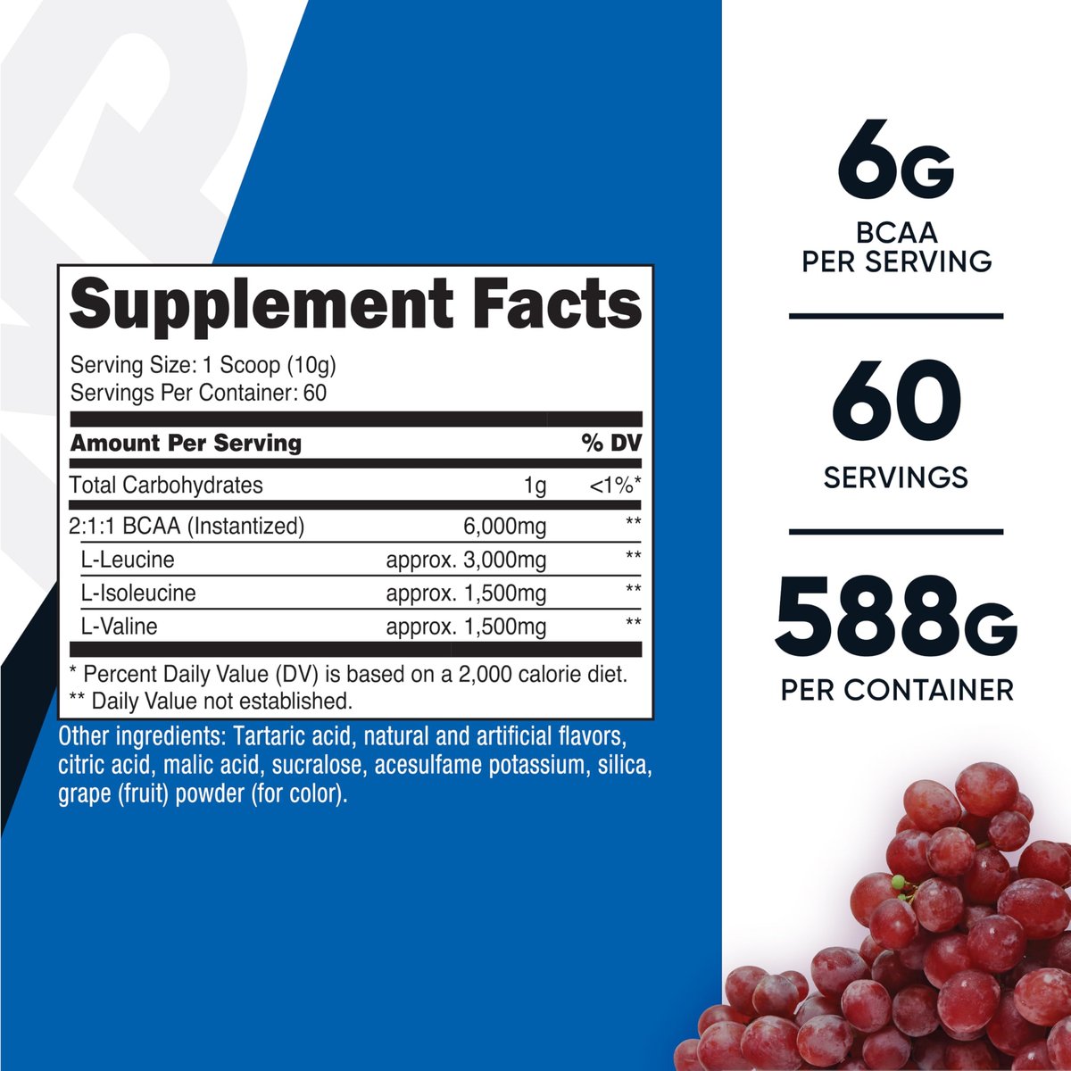 Nutricost BCAA Pulver (Traube, 60 Portionen) - Optimales 2:1:1 Verhältnis, Vegetarierfreundlich, Non-GMO, Glutenfrei