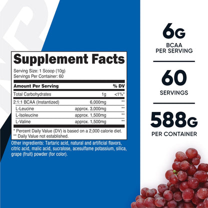 Nutricost BCAA Pulver (Traube, 60 Portionen) - Optimales 2:1:1 Verhältnis, Vegetarierfreundlich, Non-GMO, Glutenfrei
