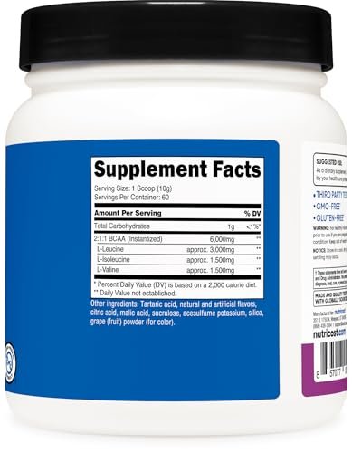 Nutricost BCAA Pulver (Traube, 60 Portionen) - Optimales 2:1:1 Verhältnis, Vegetarierfreundlich, Non-GMO, Glutenfrei