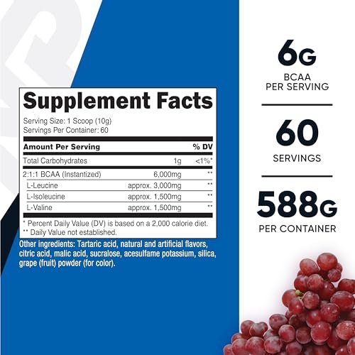 Nutricost BCAA Pulver (Traube, 60 Portionen) - Optimales 2:1:1 Verhältnis, Vegetarierfreundlich, Non-GMO, Glutenfrei