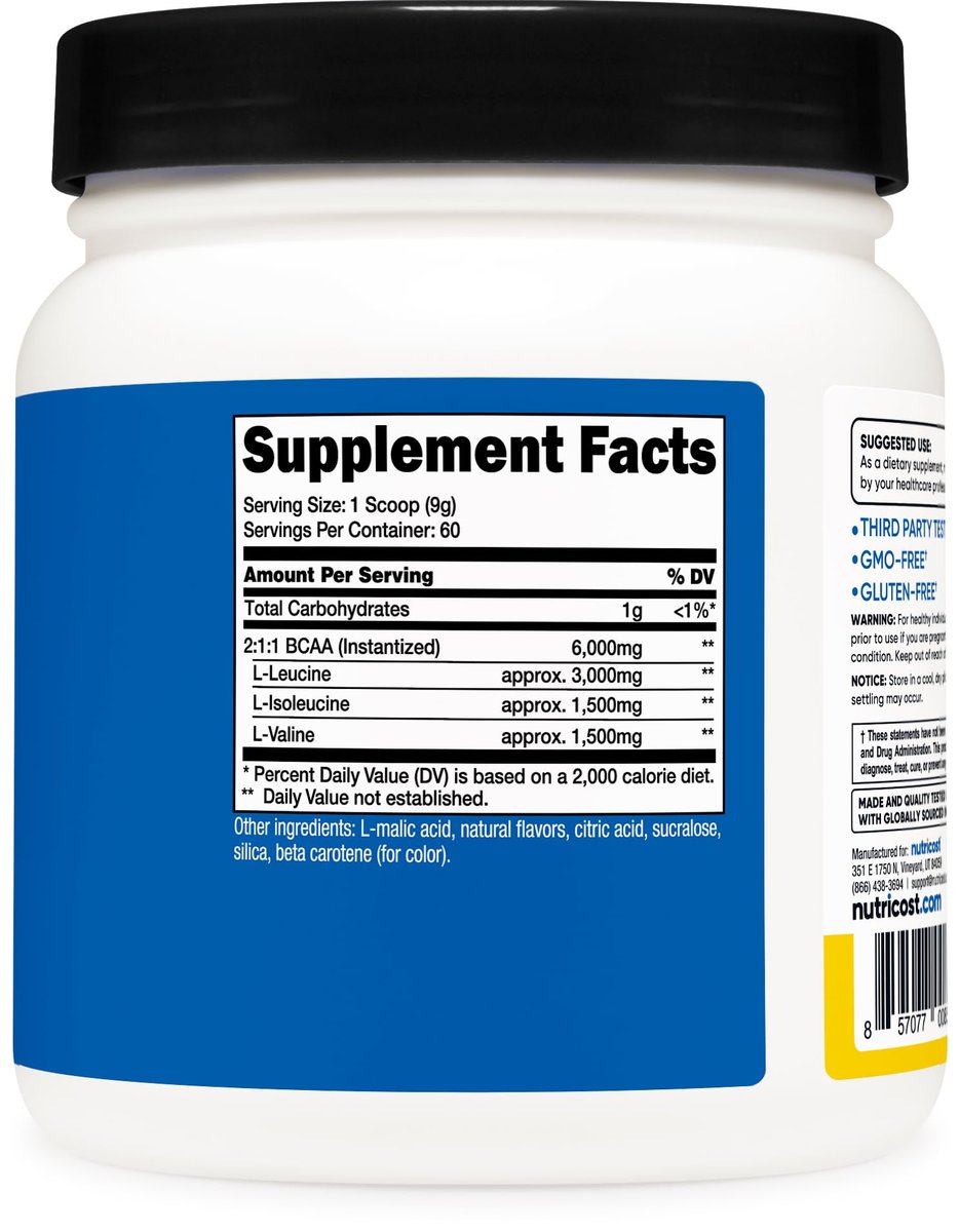 Nutricost BCAA Pulver (Ananas, 60 Portionen) - Optimales 2:1:1 Verhältnis