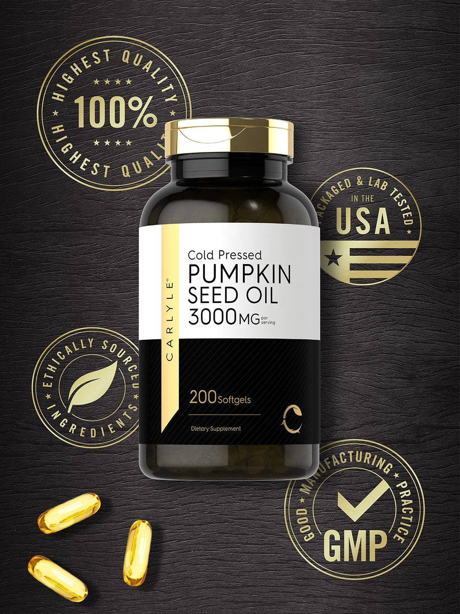 Carlyle Kürbiskernöl Kapseln | 3000 mg | 200 Softgels | Essentielle Fettsäuren | Kaltgepresstes Nahrungsergänzungsmittel | Nicht-GVO und glutenfrei
