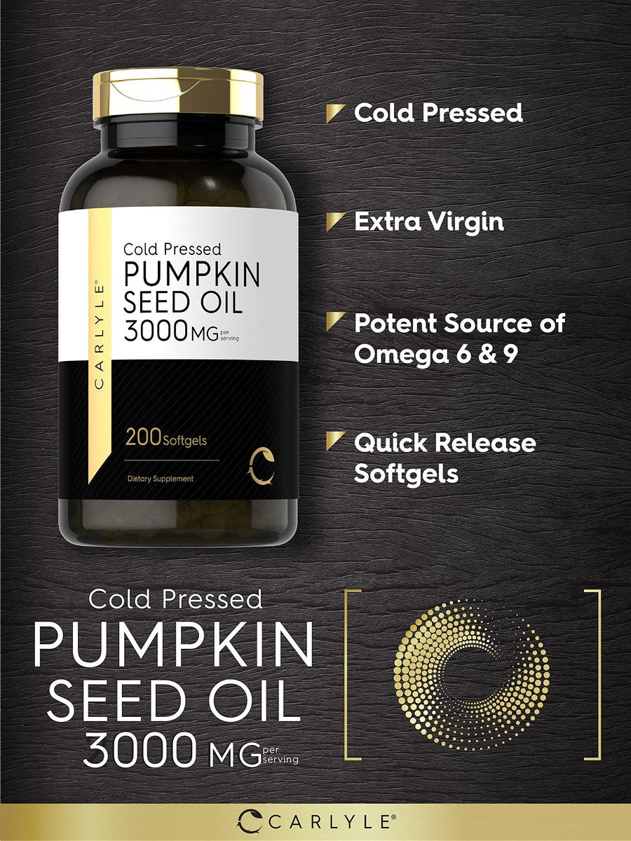 Carlyle Kürbiskernöl Kapseln | 3000 mg | 200 Softgels | Essentielle Fettsäuren | Kaltgepresstes Nahrungsergänzungsmittel | Nicht-GVO und glutenfrei