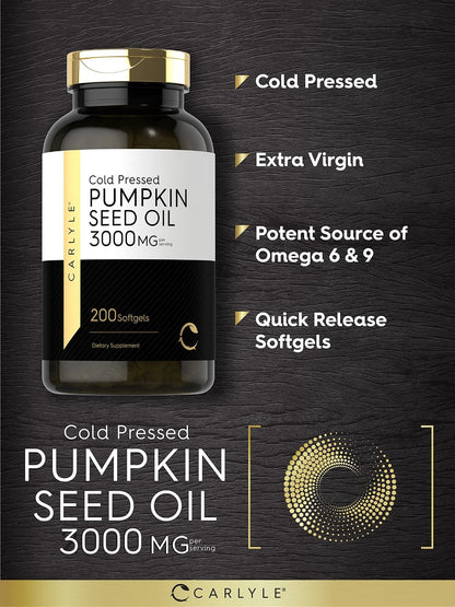 Carlyle Kürbiskernöl Kapseln | 3000 mg | 200 Softgels | Essentielle Fettsäuren | Kaltgepresstes Nahrungsergänzungsmittel | Nicht-GVO und glutenfrei