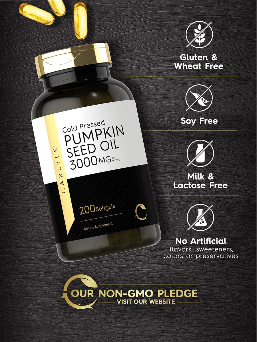 Carlyle Kürbiskernöl Kapseln | 3000 mg | 200 Softgels | Essentielle Fettsäuren | Kaltgepresstes Nahrungsergänzungsmittel | Nicht-GVO und glutenfrei