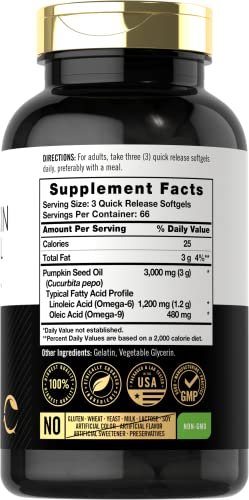 Carlyle Kürbiskernöl Kapseln | 3000 mg | 200 Softgels | Essentielle Fettsäuren | Kaltgepresstes Nahrungsergänzungsmittel | Nicht-GVO und glutenfrei