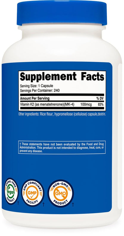 Nutricost Vitamin K2 (MK4) 240 Kapseln (100mcg) - Glutenfrei und Nicht-GVO