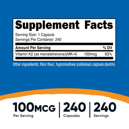 Nutricost Vitamin K2 (MK4) 240 Kapseln (100mcg) - Glutenfrei und Nicht-GVO