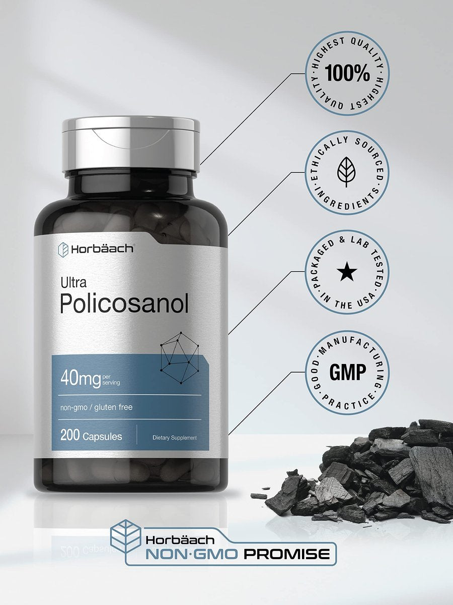 Horbäach Policosanol 40 mg – 200 Kapseln | Nicht-GVO & Glutenfrei