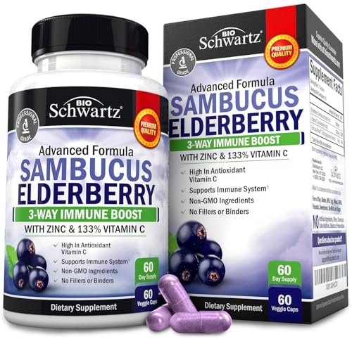 BioSchwartz Holunderbeeren Kapseln mit Zink und Vitamin C für Erwachsene - Immununterstützung für Frauen und Männer - Schwarzer Sambucus Holunderbeeren Vitamin C und Zink - Immunabwehr Multimineral Ergänzung, 60 Kapseln