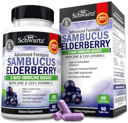 BioSchwartz Holunderbeeren Kapseln mit Zink und Vitamin C für Erwachsene - Immununterstützung für Frauen und Männer - Schwarzer Sambucus Holunderbeeren Vitamin C und Zink - Immunabwehr Multimineral Ergänzung, 60 Kapseln