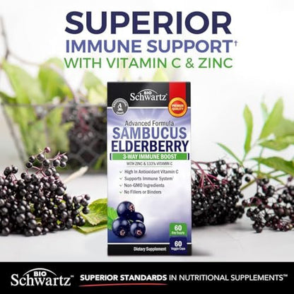 BioSchwartz Holunderbeeren Kapseln mit Zink und Vitamin C für Erwachsene - Immununterstützung für Frauen und Männer - Schwarzer Sambucus Holunderbeeren Vitamin C und Zink - Immunabwehr Multimineral Ergänzung, 60 Kapseln