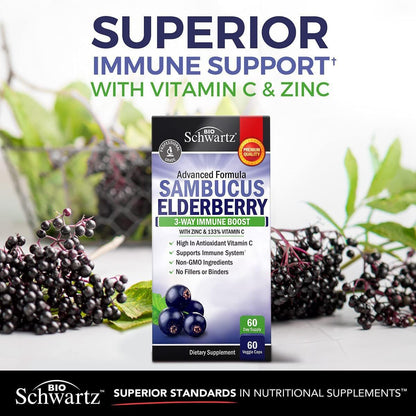 BioSchwartz Holunderbeeren Kapseln mit Zink und Vitamin C für Erwachsene - Immununterstützung für Frauen und Männer - Schwarzer Sambucus Holunderbeeren Vitamin C und Zink - Immunabwehr Multimineral Ergänzung, 60 Kapseln