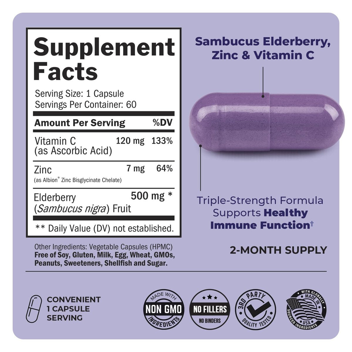 BioSchwartz Holunderbeeren Kapseln mit Zink und Vitamin C für Erwachsene - Immununterstützung für Frauen und Männer - Schwarzer Sambucus Holunderbeeren Vitamin C und Zink - Immunabwehr Multimineral Ergänzung, 60 Kapseln
