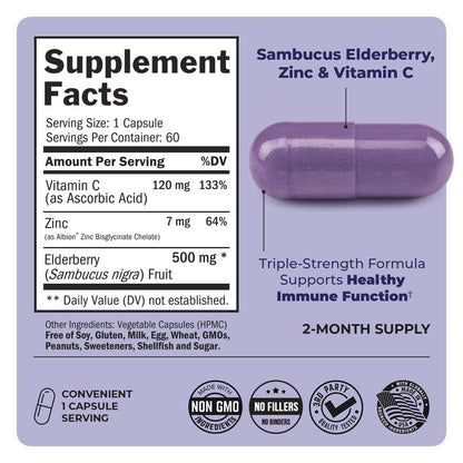 BioSchwartz Holunderbeeren Kapseln mit Zink und Vitamin C für Erwachsene - Immununterstützung für Frauen und Männer - Schwarzer Sambucus Holunderbeeren Vitamin C und Zink - Immunabwehr Multimineral Ergänzung, 60 Kapseln