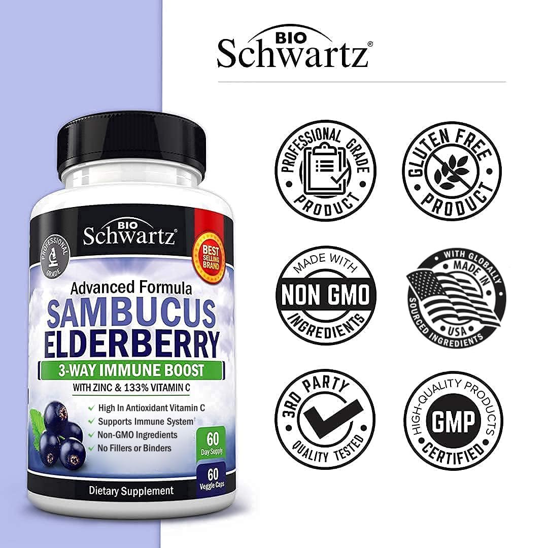 BioSchwartz Holunderbeeren Kapseln mit Zink und Vitamin C für Erwachsene - Immununterstützung für Frauen und Männer - Schwarzer Sambucus Holunderbeeren Vitamin C und Zink - Immunabwehr Multimineral Ergänzung, 60 Kapseln
